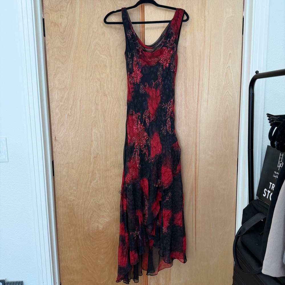 Vintage Beaded Red and Black Floral Dress